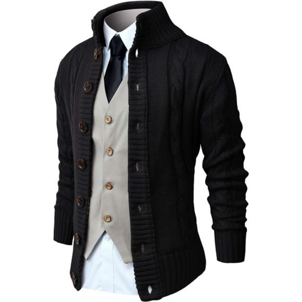 Mens Stand Collar Cardigan Sweater Button Down Cable Knit Long Sleeve Slim Fit